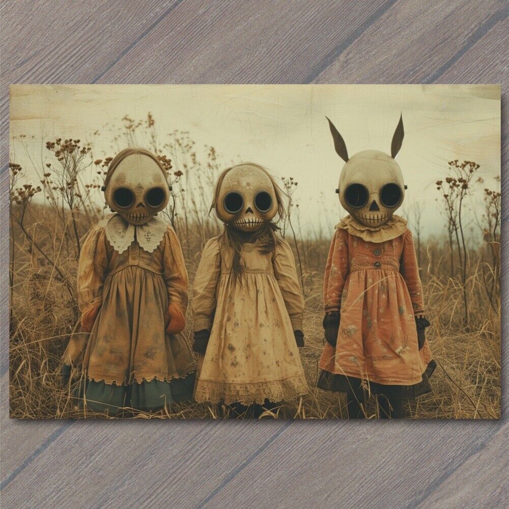 POSTCARD Weird Creepy Vibe Kids Girls Masks Halloween Unusual Strange Field Cult