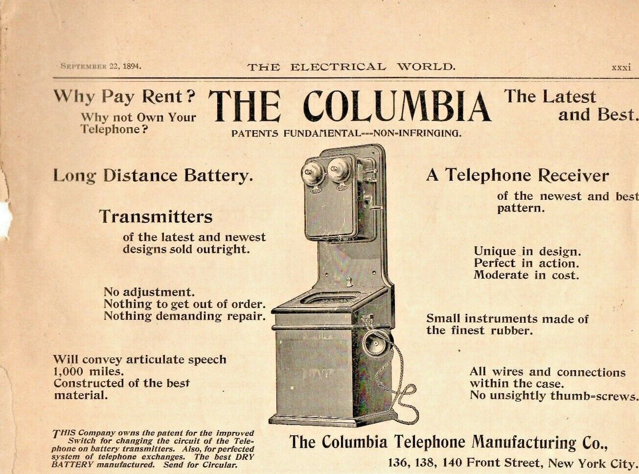 ANTIQUE 1894 - THE COLUMBIA - COLUMBIA TELEPHONE MANUFACTURING CO NYC - AD