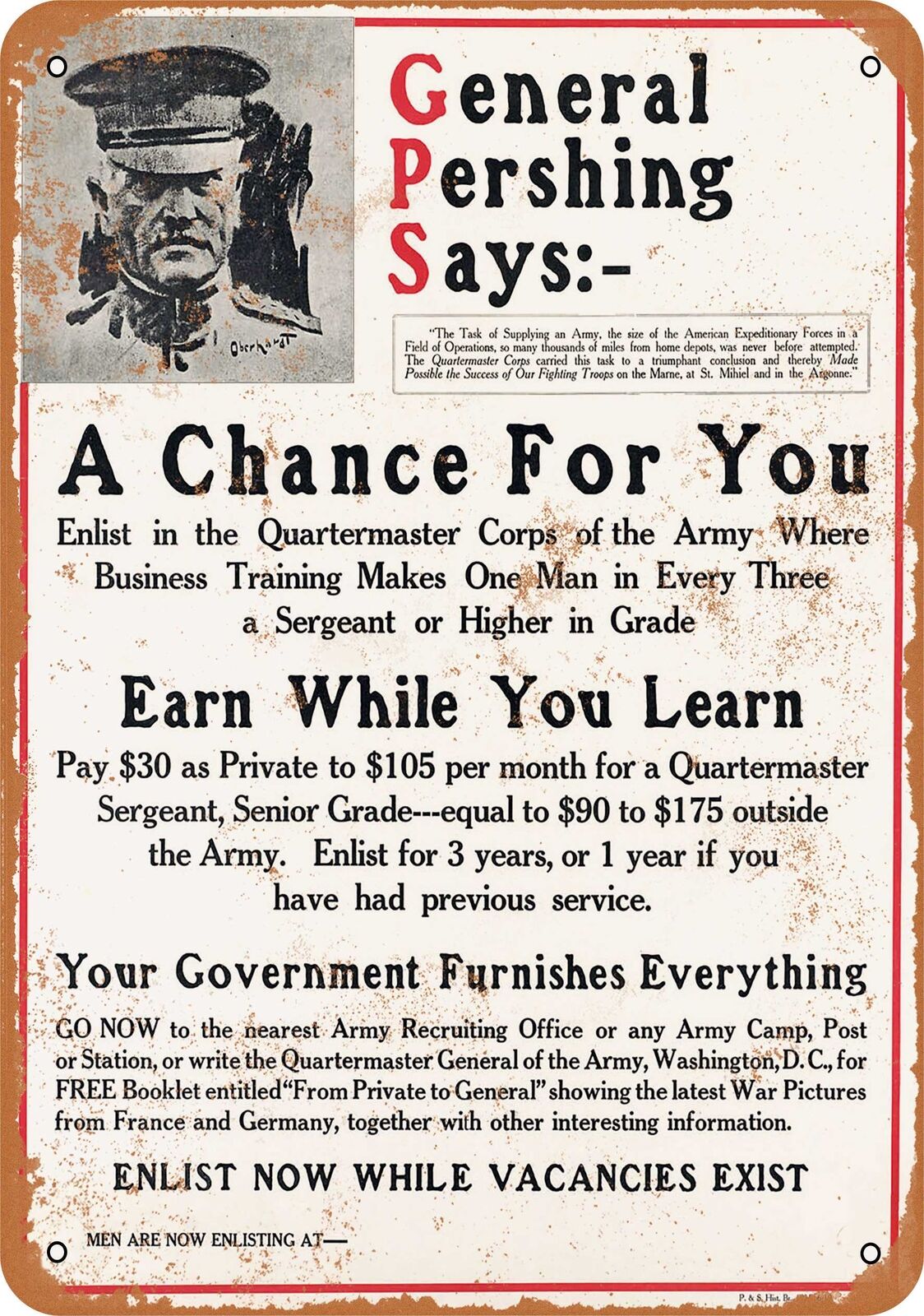 Metal Sign - 1917 General Pershing Says Enlist Now - Vintage Look Reproduction