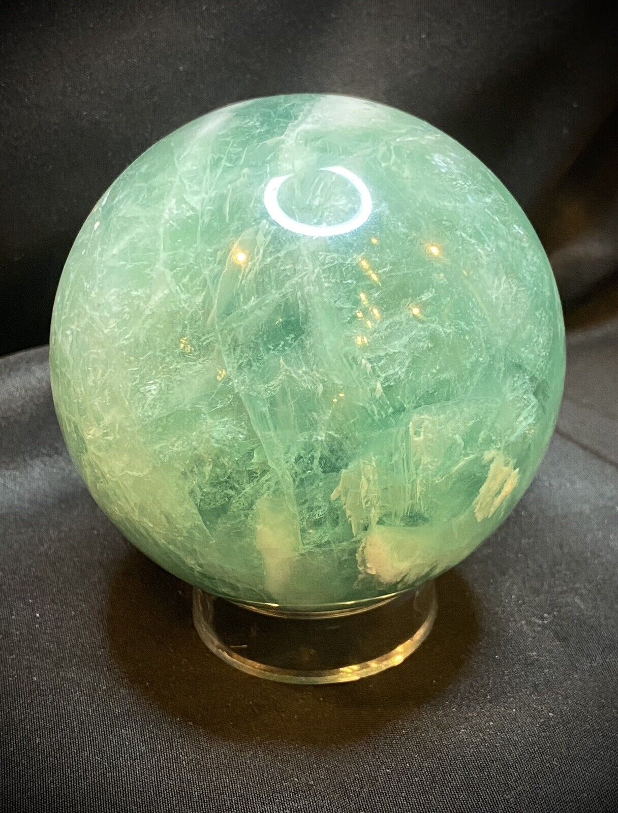 Beautiful Large Feather Fluorite Sphere With Stand 969 Grams