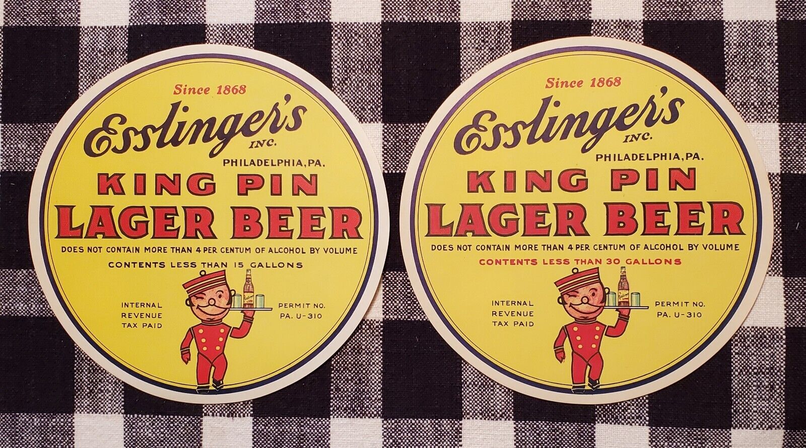1930s (2) Original Esslinger IRTP  15/30 Gallon Beer Keg Labels Philadelphia Pa