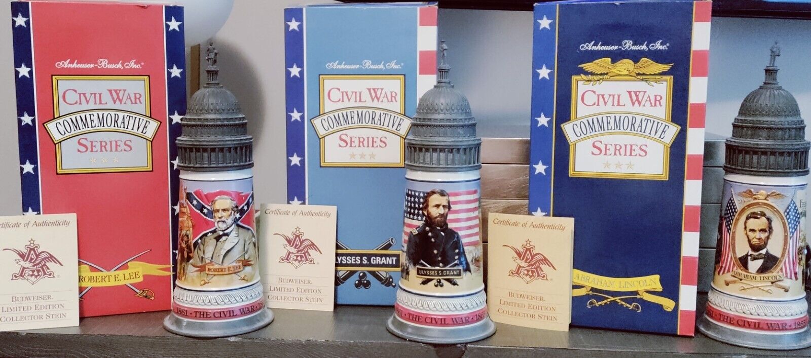 Budweiser Edition Civil War Commemorative Series Lidded Steins w/Original Boxes