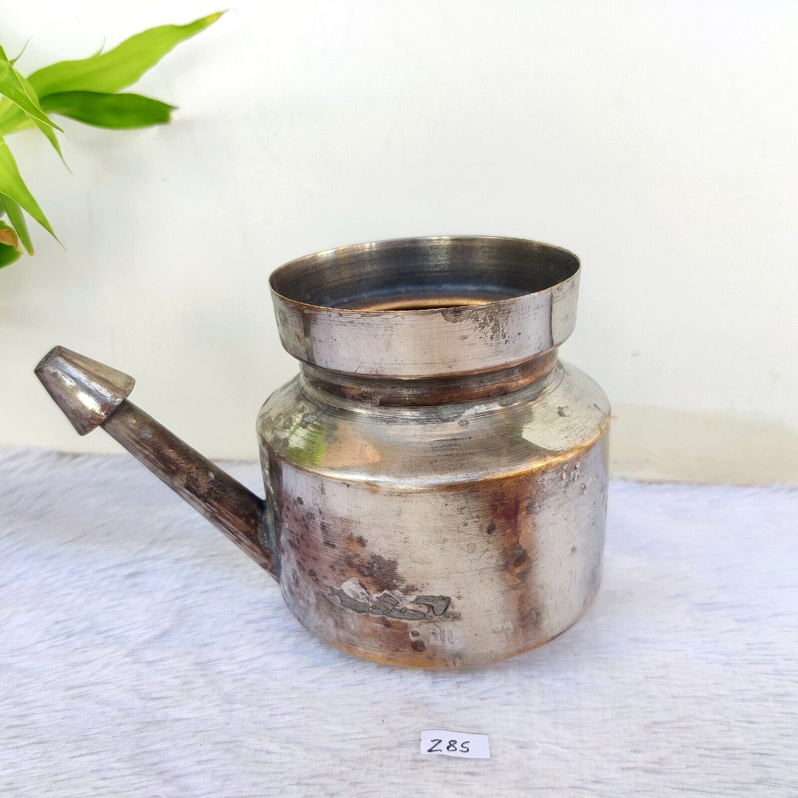 Vintage Old Nickel Coated Brass Water Pot With Spout Decorative Collectible Z85