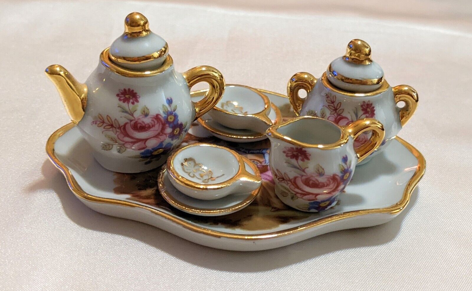 Vintage Limoges France Porcelain Dollhouse Miniature Tea Set Floral w/ Gold Trim