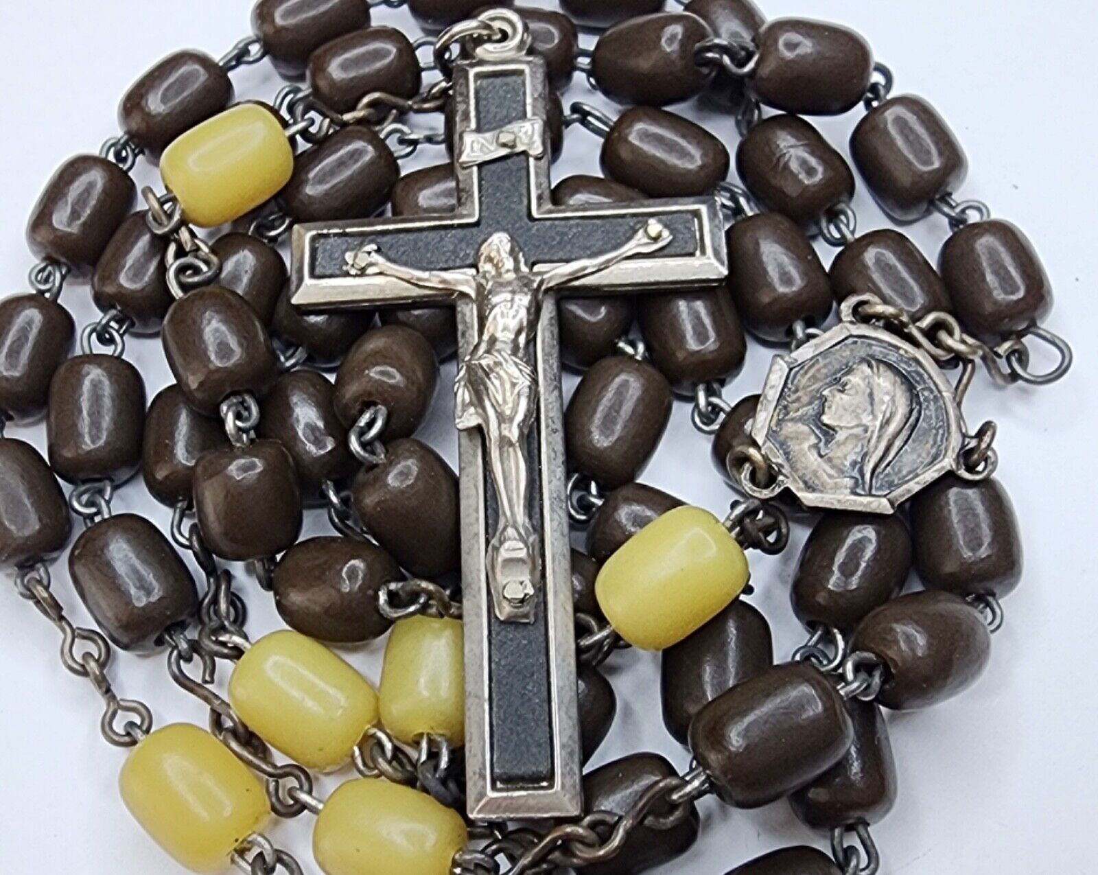 Vintage Five Decade Catholic Rosary Brown Yellow Bakelite? Beads Ebony Crucifix