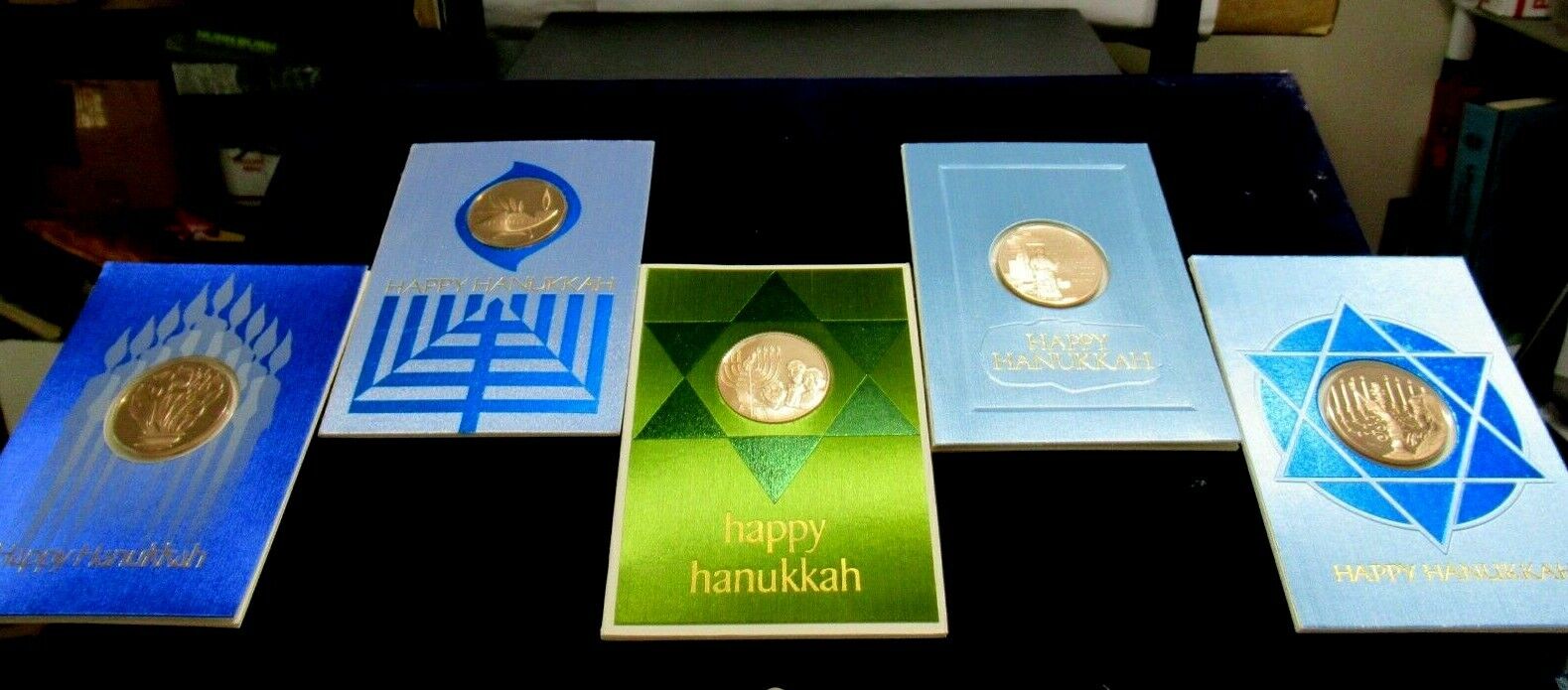 Judaica Set: 5 Proof Medals HAPPY HANUKKAH GIFT, 1971-2-3-4-5, by Franklin Mint