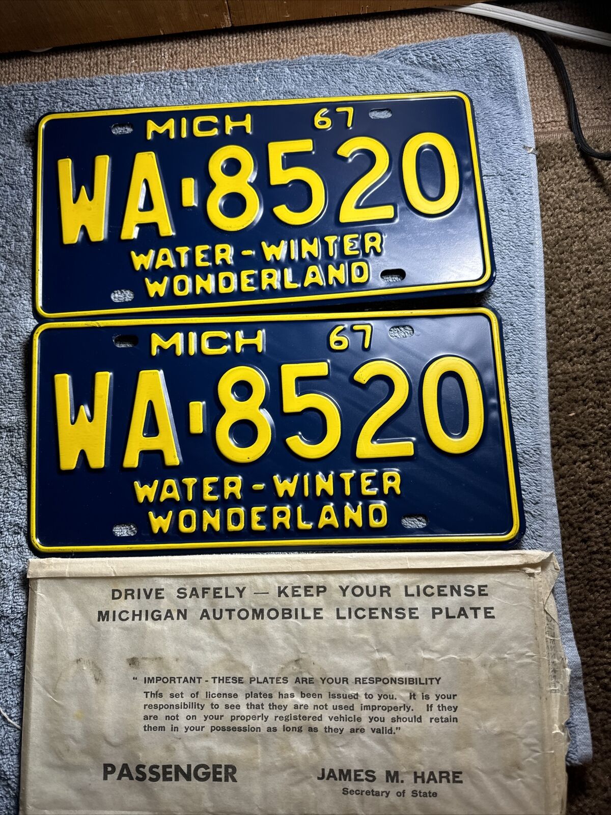 1967 Michigan License Plate Pair WA-8520 Water Winter Wonderland New Old Stock