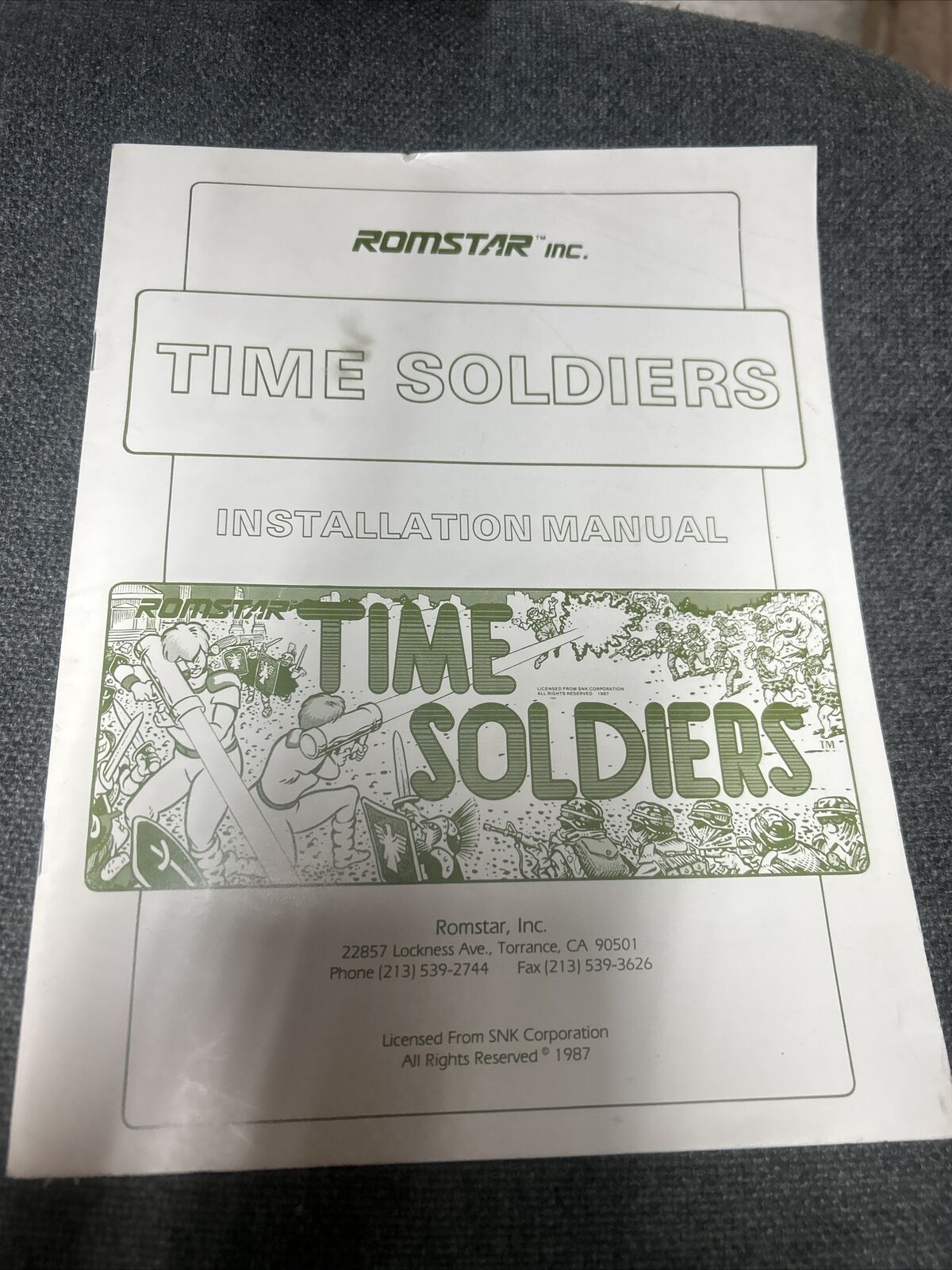 Romstar TIME SOLDIERS Arcade Video Game Manual - good used original