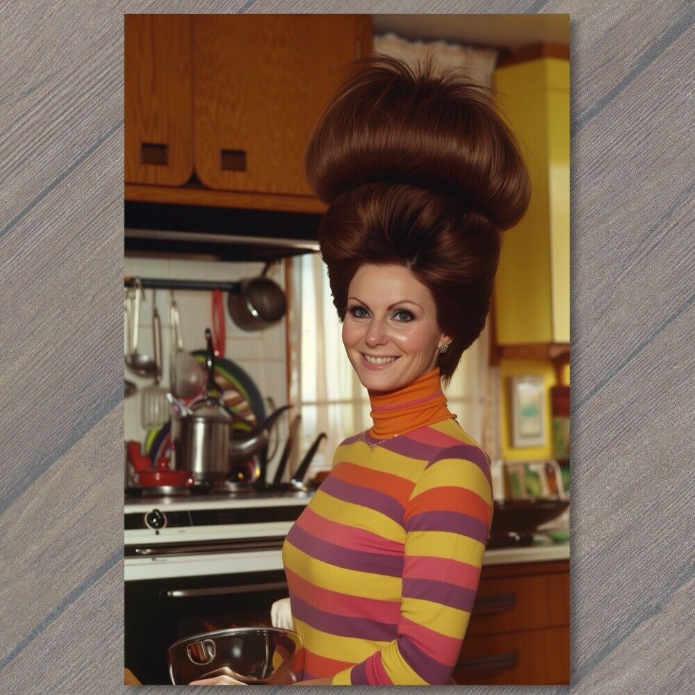 POSTCARD Woman Large Big Hair Bouffant Haircut 70s Vibe 1970s Orange Kitchen