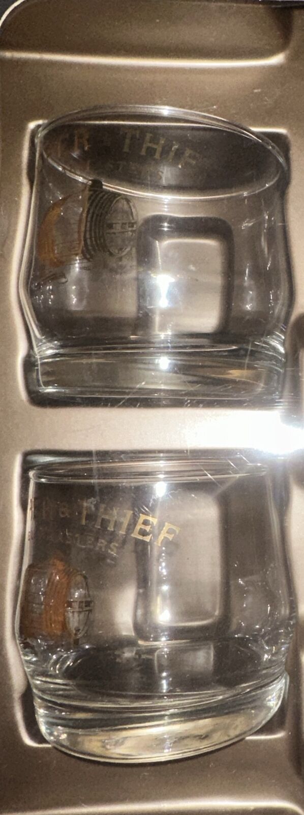 Pair of Copper & Thief Cellarmasters Gold Barrel Whiskey Tumblers Rocks Glasses
