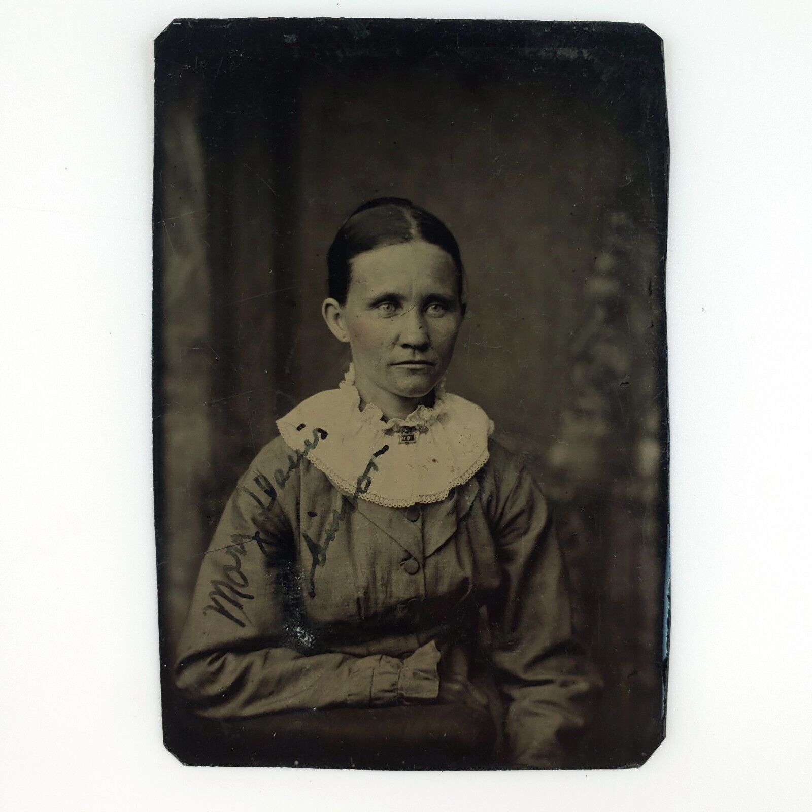 Named White Collar Woman Tintype c1870 Antique 1/6 Plate Davis Simon Photo B2851