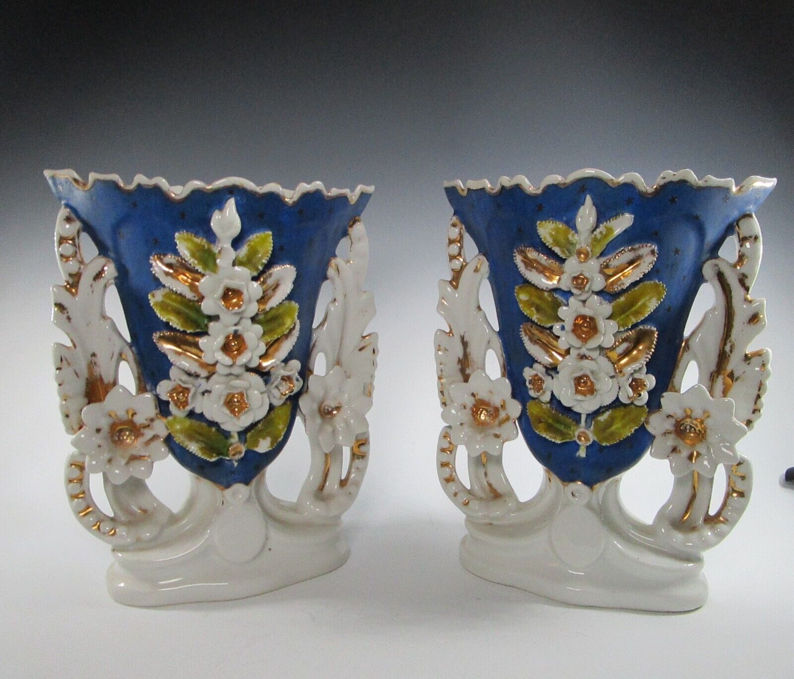 Antique Christian Fisher Pirkenhammer Porcelain  Blue Gilt Floral Vases Pair 688