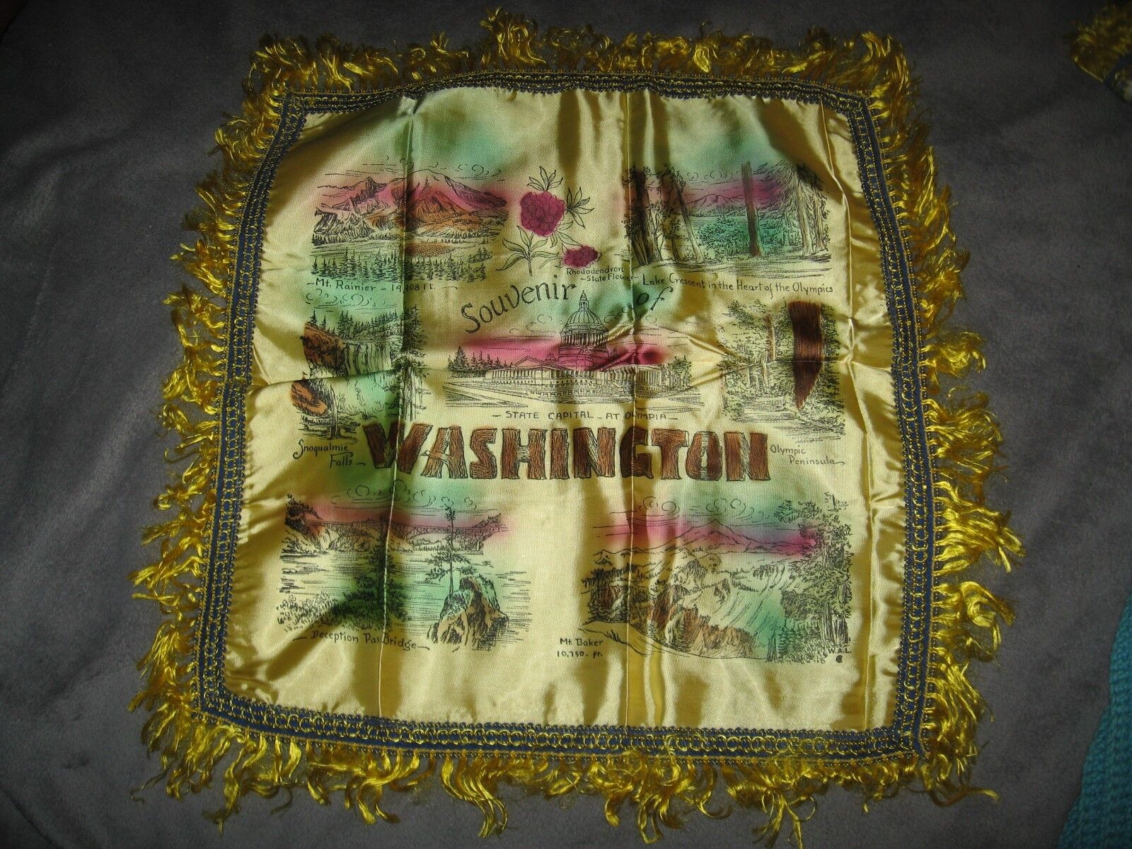 Washington WA State USA Vintage 1940's Satin Fringe Souvenir Deco Pillow Cover