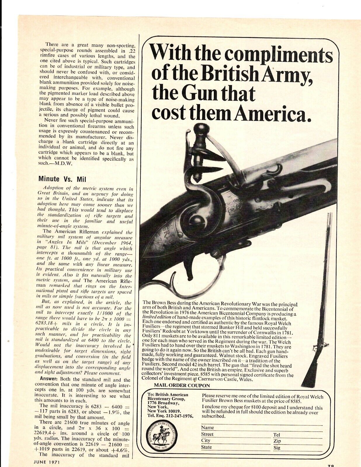 1971 Print Ad British American Bicentary Group Royal Welch Fusilier Brown Bess