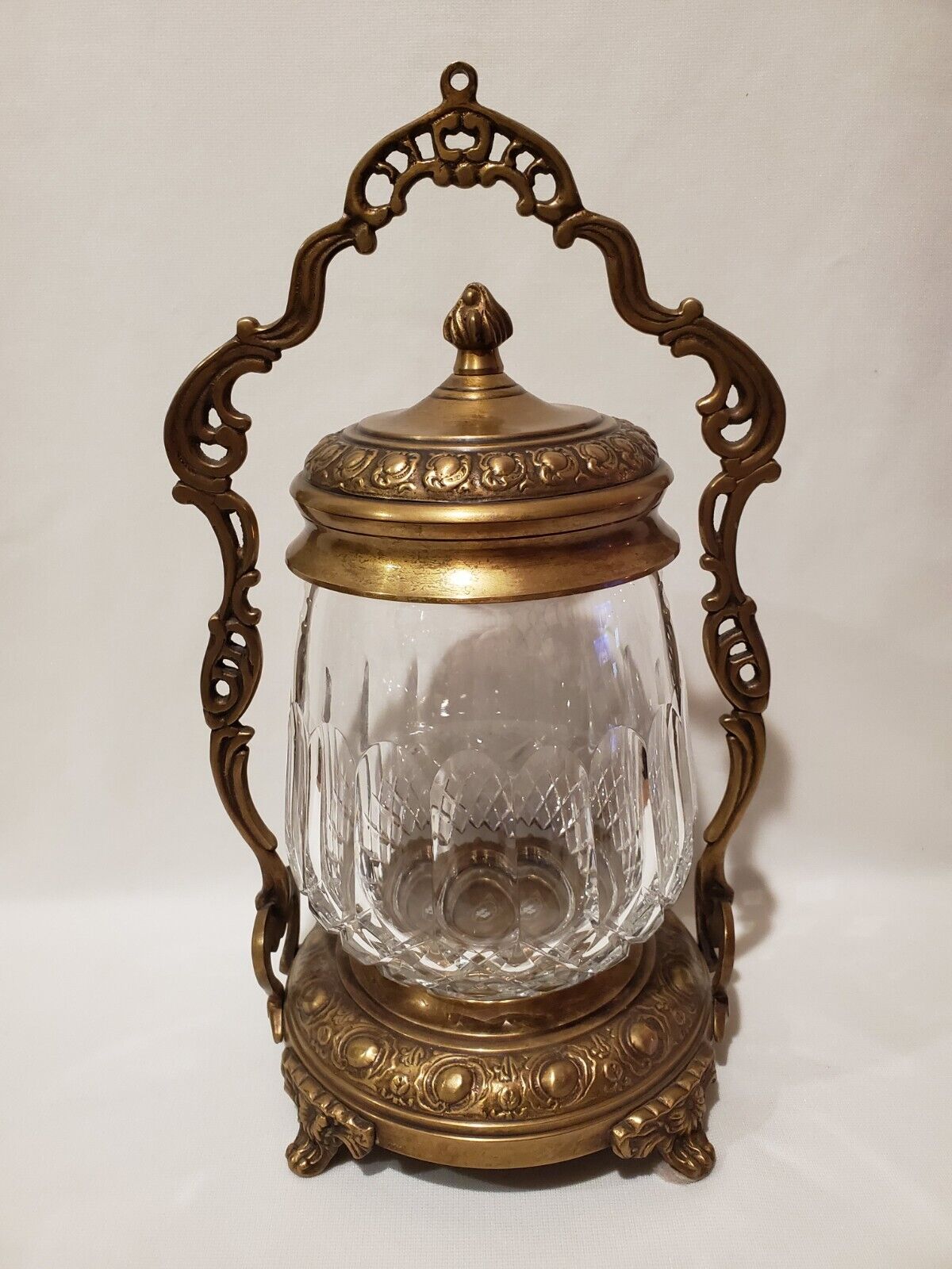 Castilian Imports Crystal Jar With Brass Lid and Ornate Caddy Stand RARE