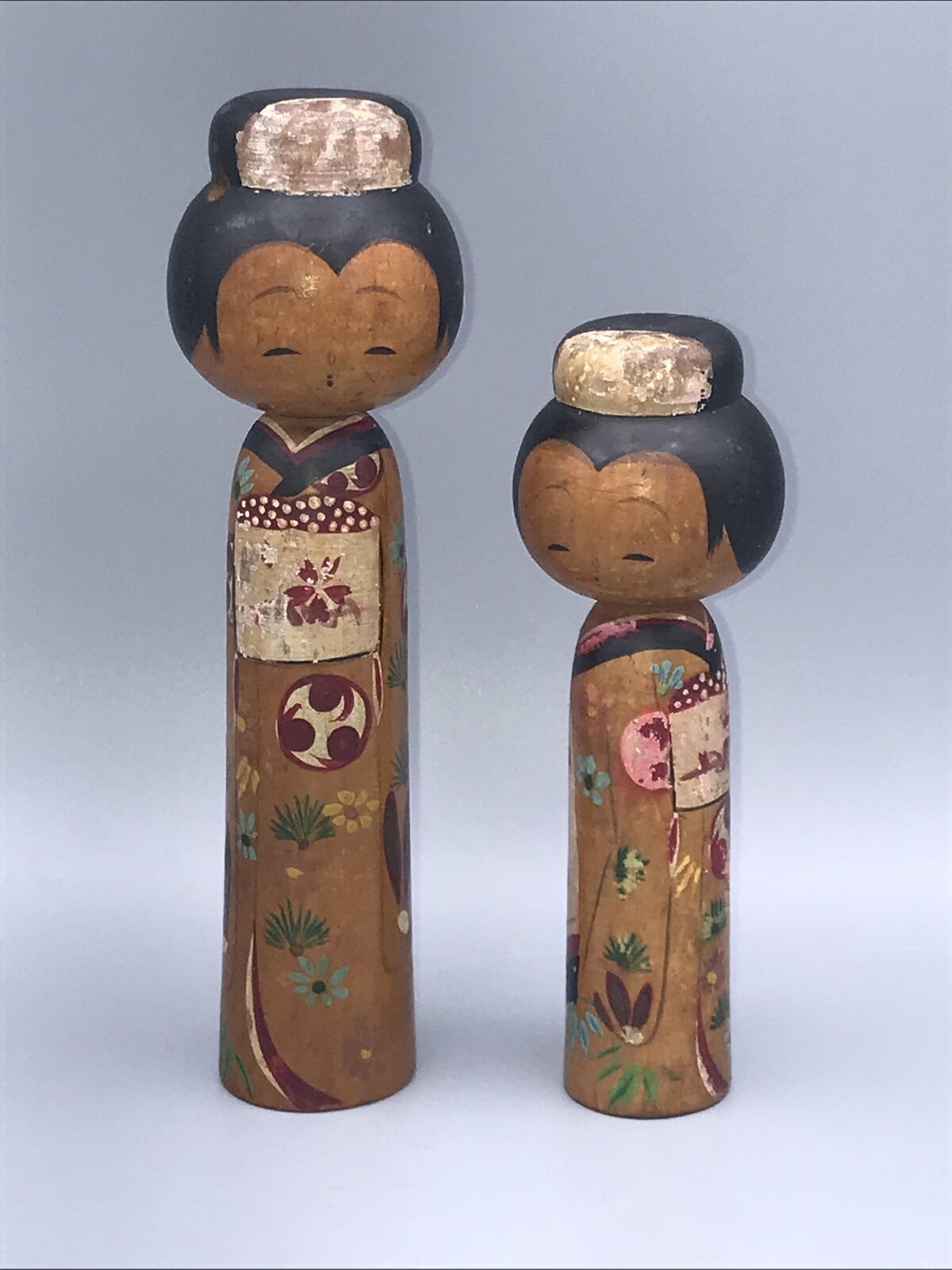 Set Kokeshi Dolls Japan Vintage 6.0” & 4.75”.  Matching.  Magnificent.