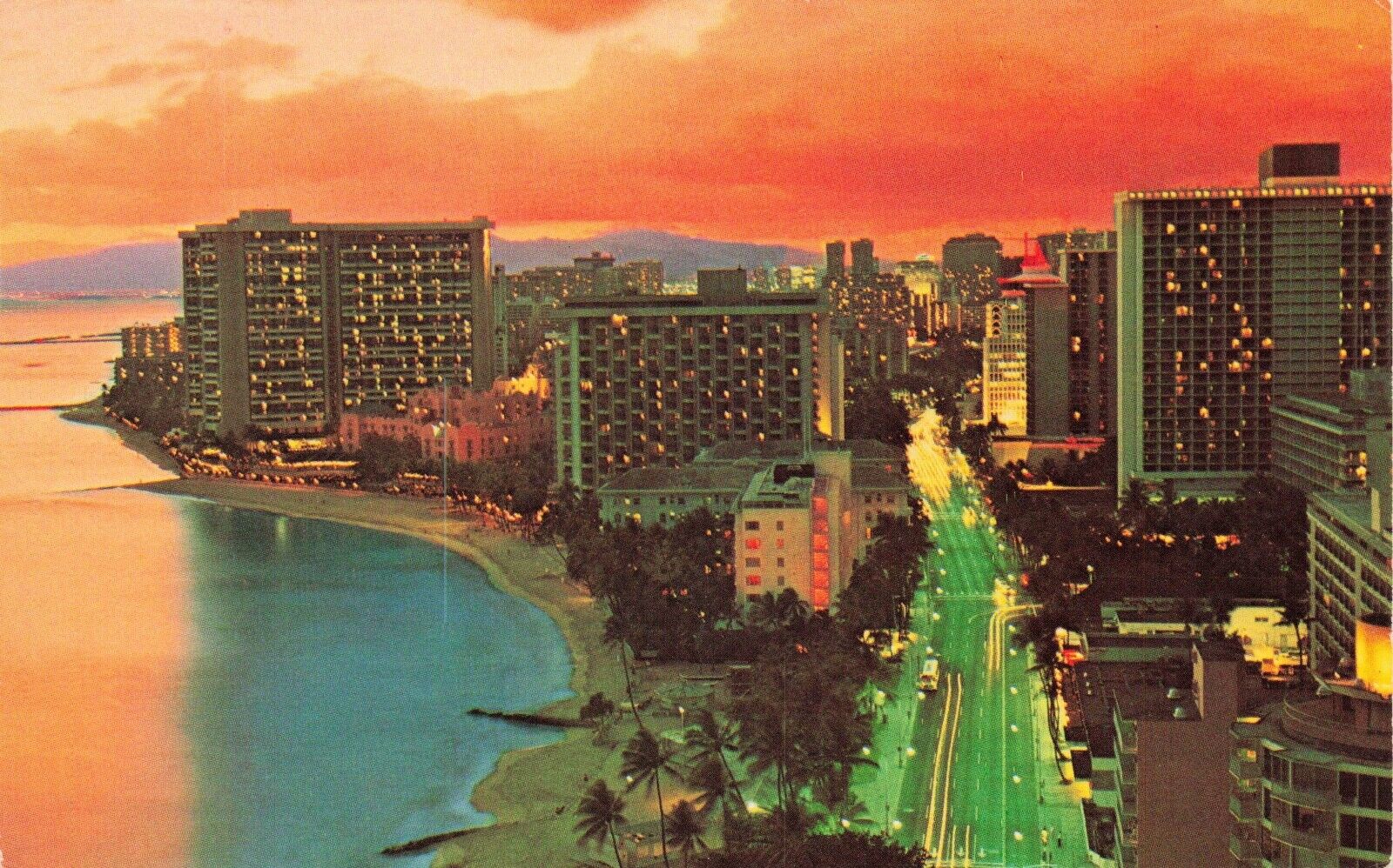 Sunset at Waikiki Kalakaua Avenue Hawaii Vintage PC Posted 1978