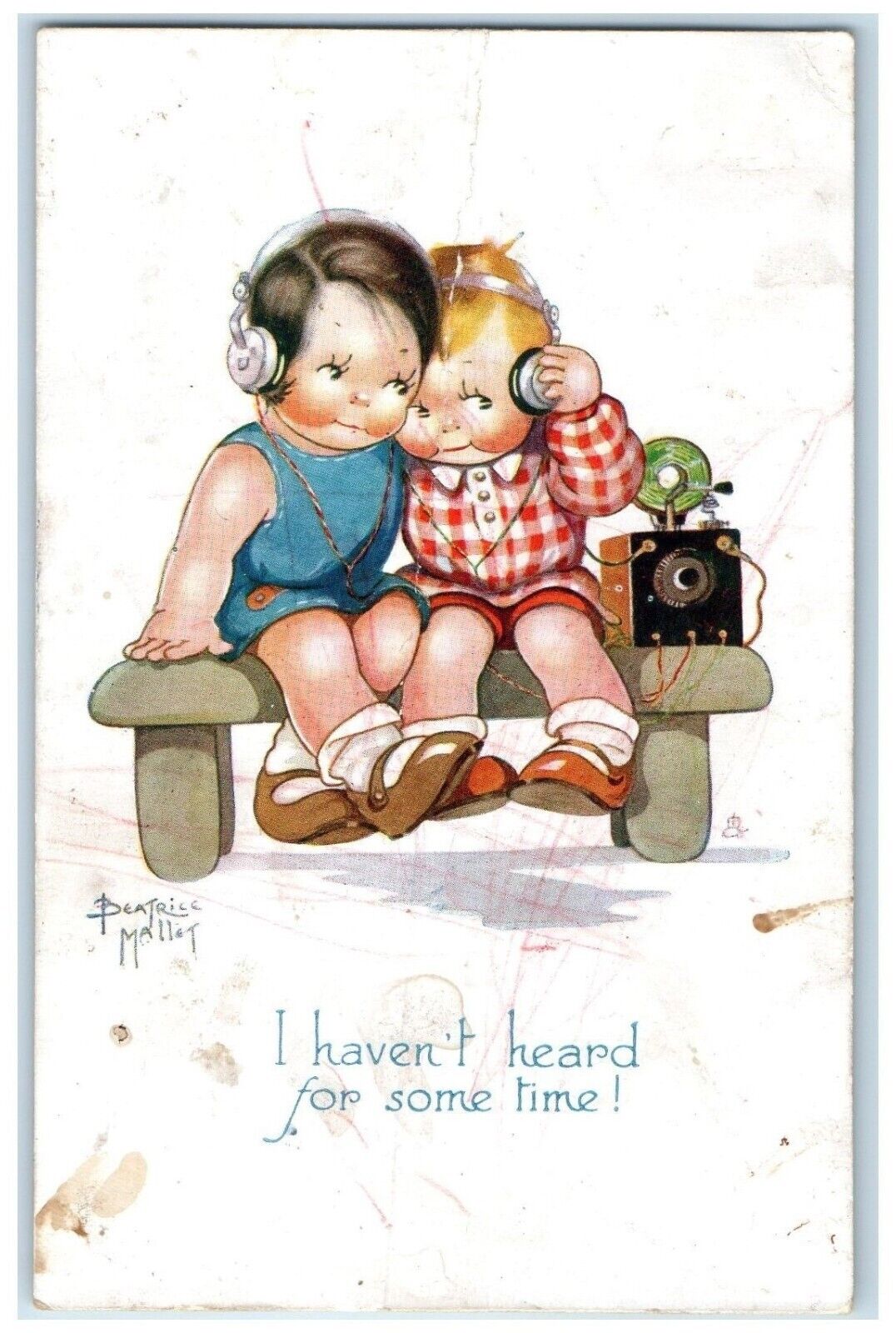 1945 Cute Kids Listening Music Oilette Tuck's Beatries Mallet Tuck's Postcard