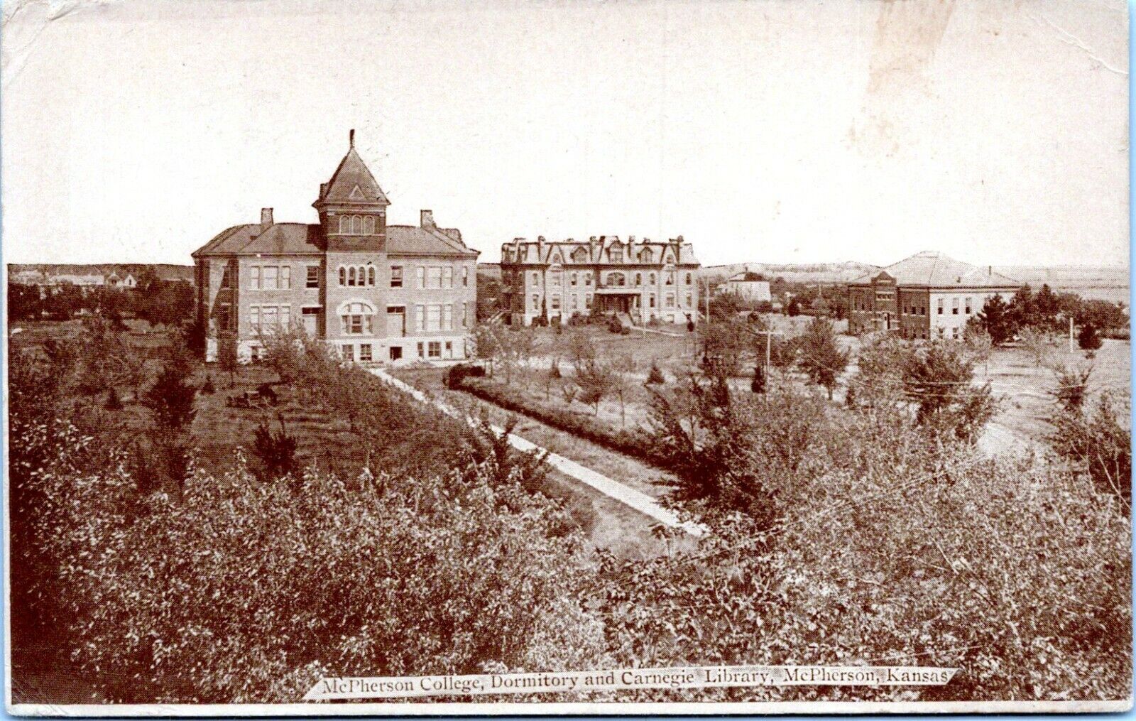 1914 McPherson Kansas McPherson College Carnegie Library Postcard AN