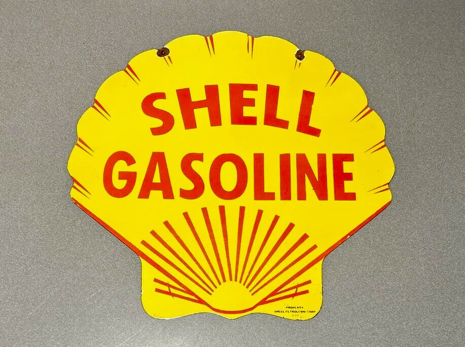 VINTAGE 25” SHELL DOUBLE SIDED PORCELAIN SIGN CAR GAS TRUCK GASOLINE OIL