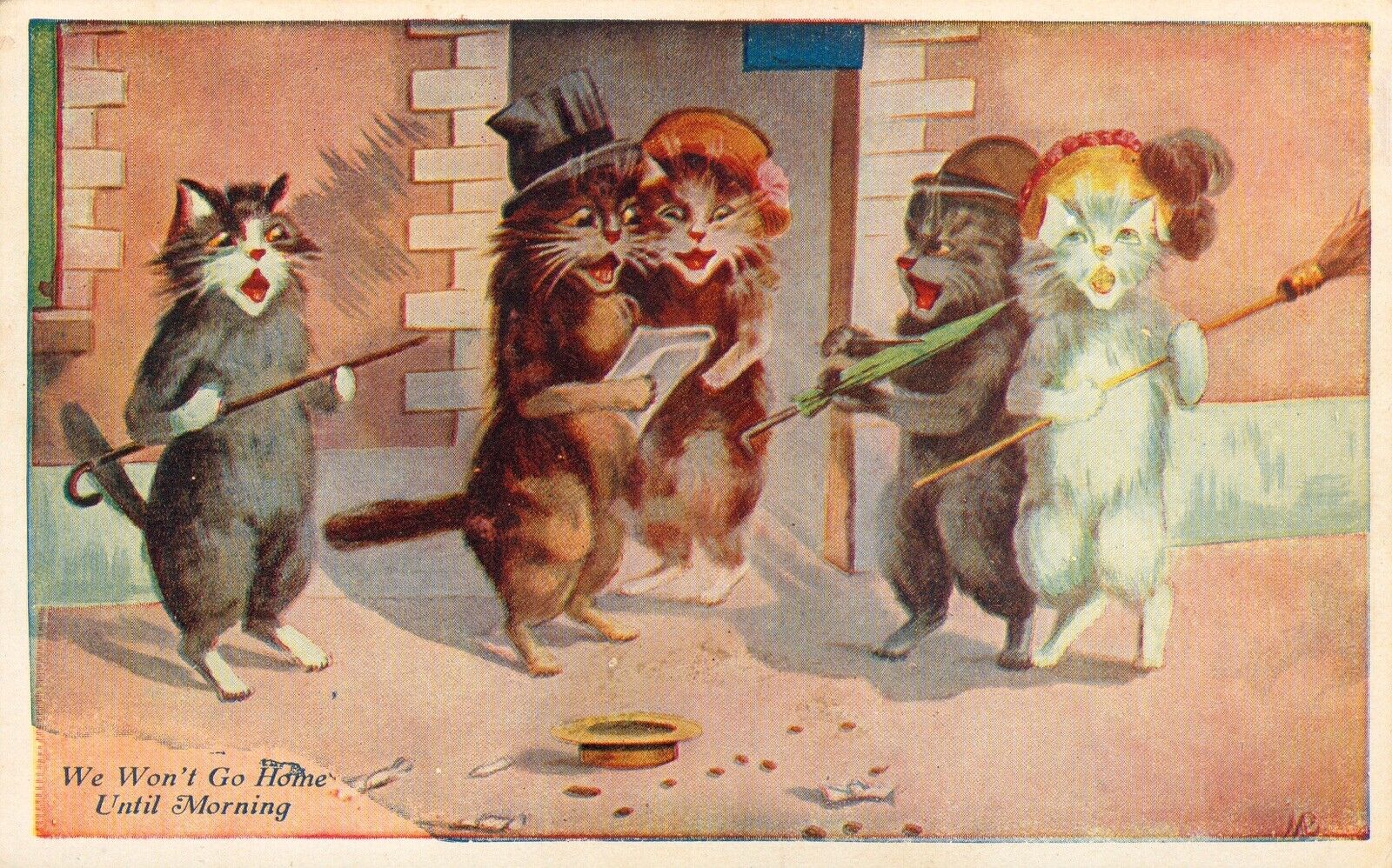 Postcard Antique c1930s CATS ‘We Won’t Go Home Until Morning’ CATS Singing 