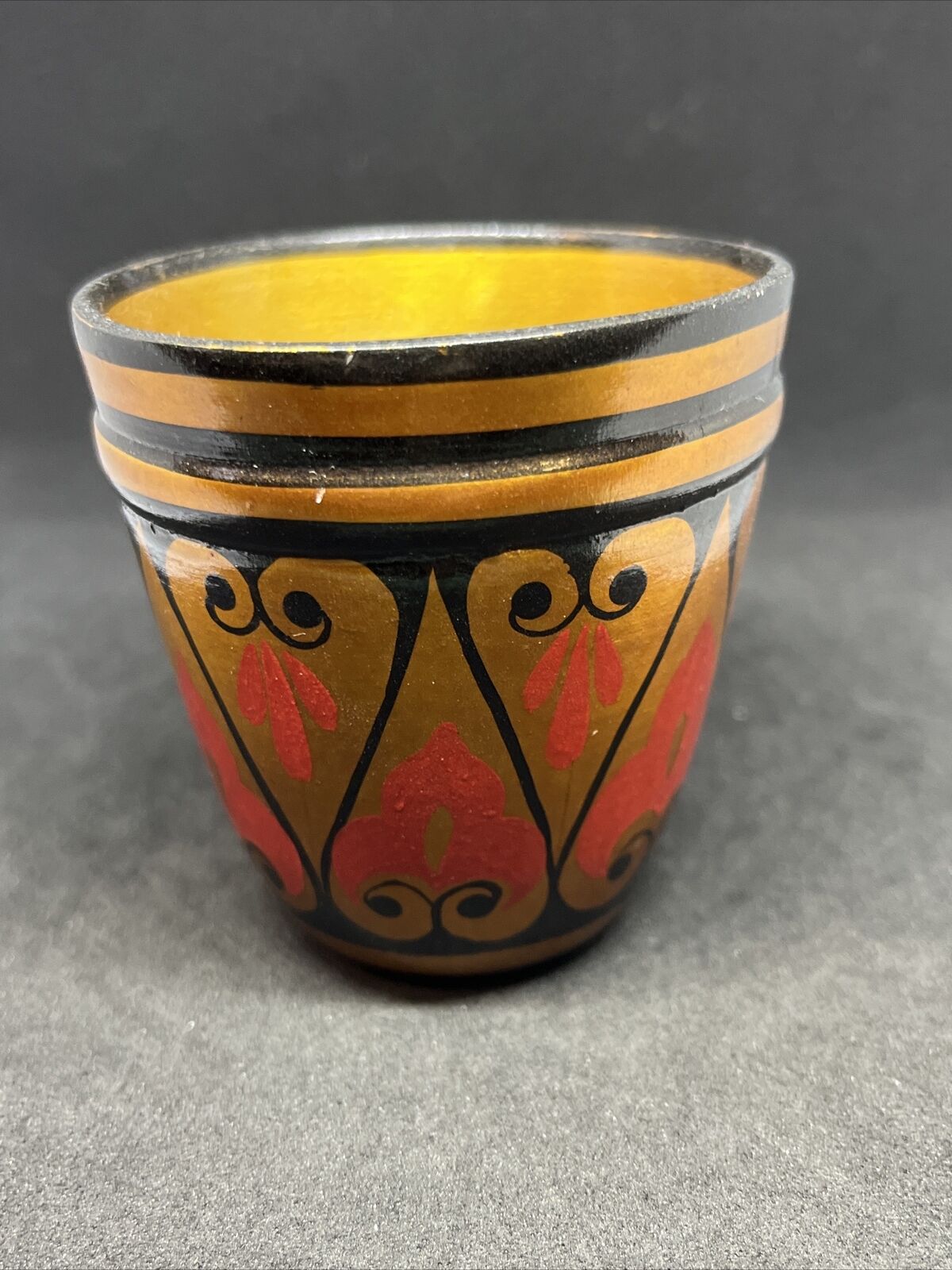 Russian Khokhloma Wooden Tiny Cup Gold Red Black Hand Painted Lacquered 3”