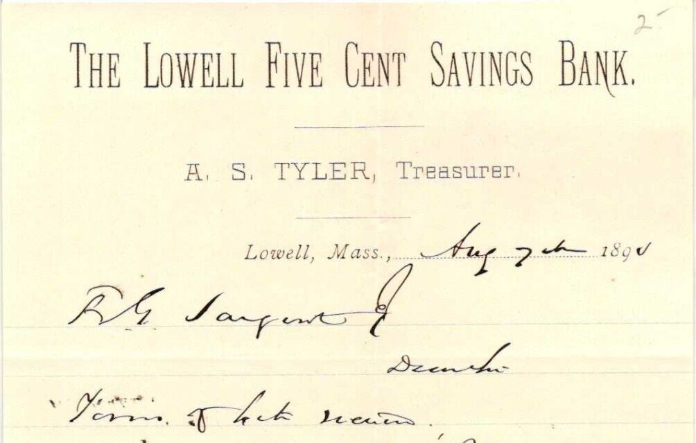 Vintage LETTERHEAD*189? THE LOWELL FIVE CENT SAVINGS BANK*Lowell MA*handwritten