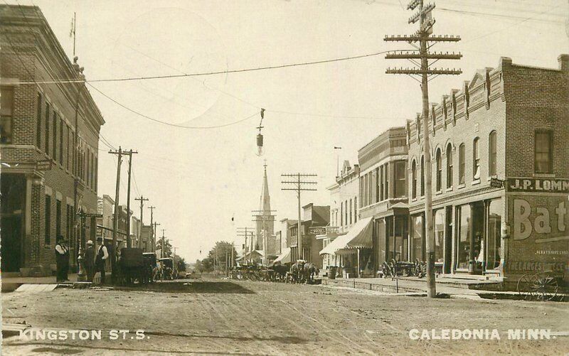 1908 Caledonia Houston Minnesota Kingston Street View RPPC Photo Postcard