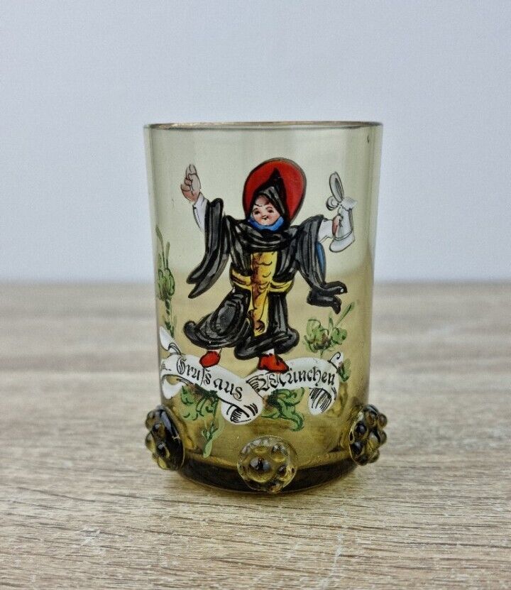 Antique German Shot Glass Hand Painted Smoked Glass.
