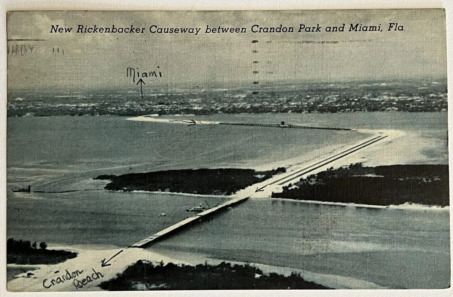 Miami Florida Rickenbacker Causeway Aerial View Postcard c1940