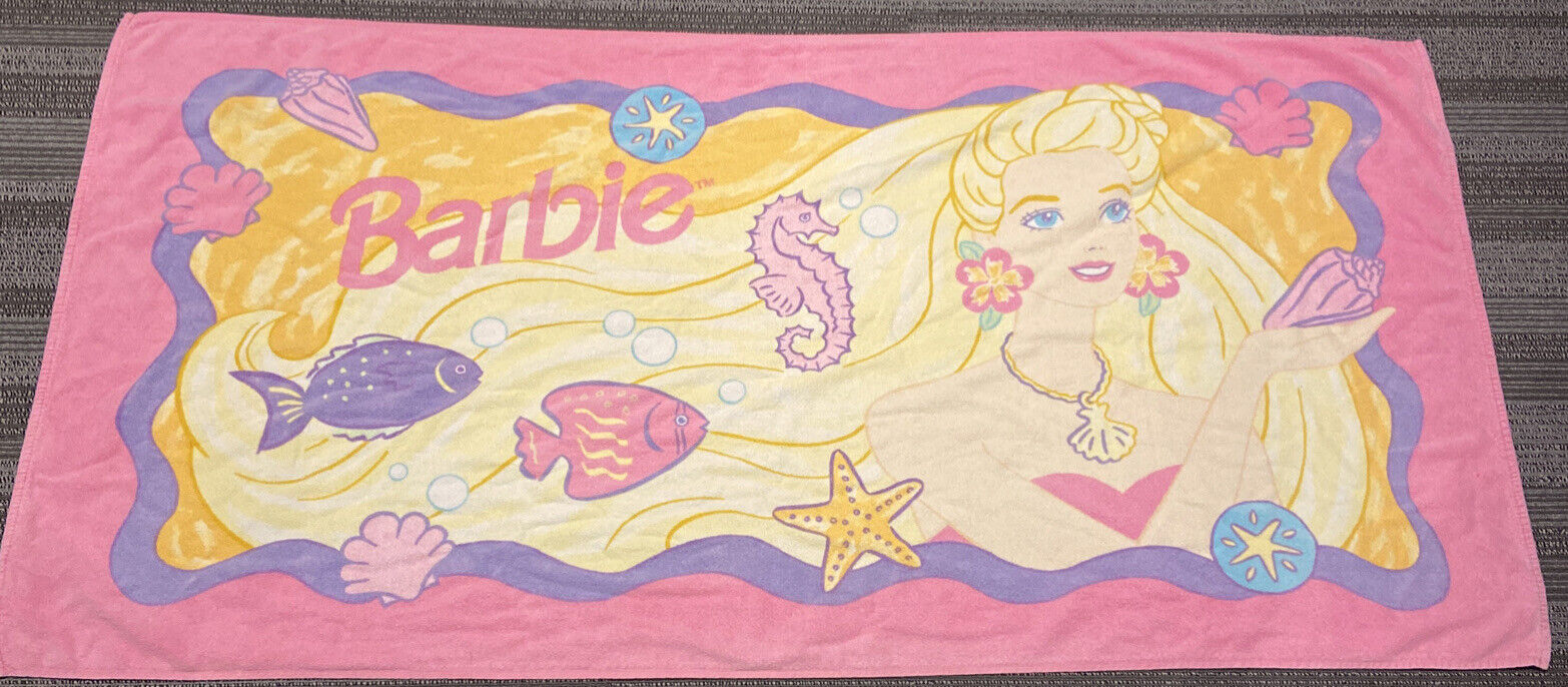 Vtg 1995 Mattel Barbie Beach Towel Blonde Pink White Seashells 54”x 28” EUC