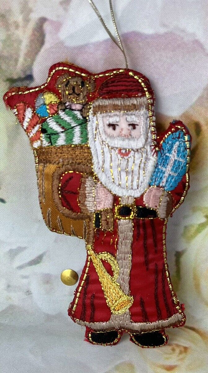 Vintage Santa Claus Embroidered Ornament Fabric Detailed Stitching Solid Stuffed