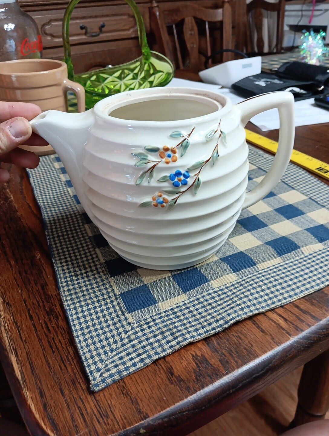 Teapot/Pitcher By Porcelier Vintage Beehive Design W/Flower Detail 1940’s