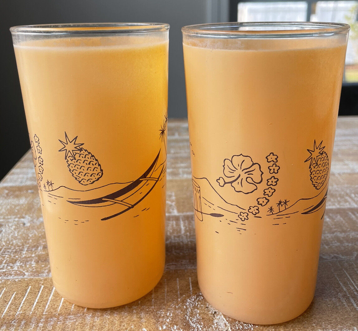 Vtg Rare Benner Siesta Ware Orange Frosted Tumblers Glasses Hawaiian Tiki Design