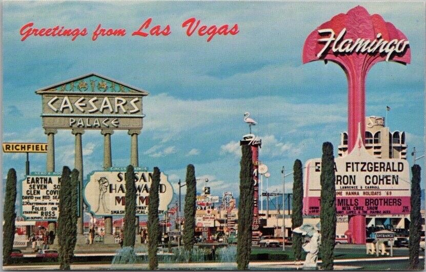 c1960s LAS VEGAS Nevada Postcard Strip View / Flamingo & Caesar's Palace Hotels