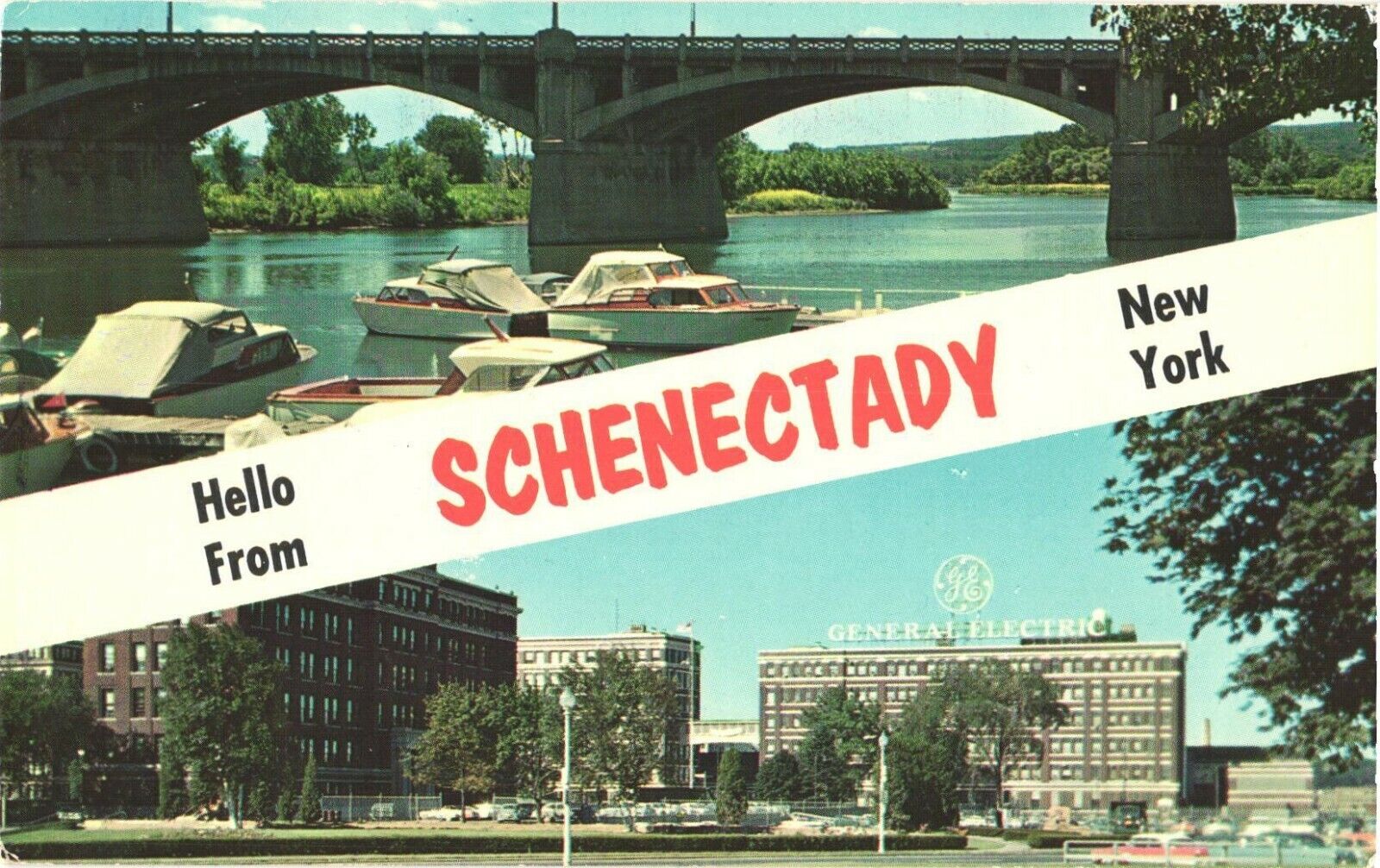 View of Buildings, Cars And Boats, Hello From Schenectady, New York Postcard