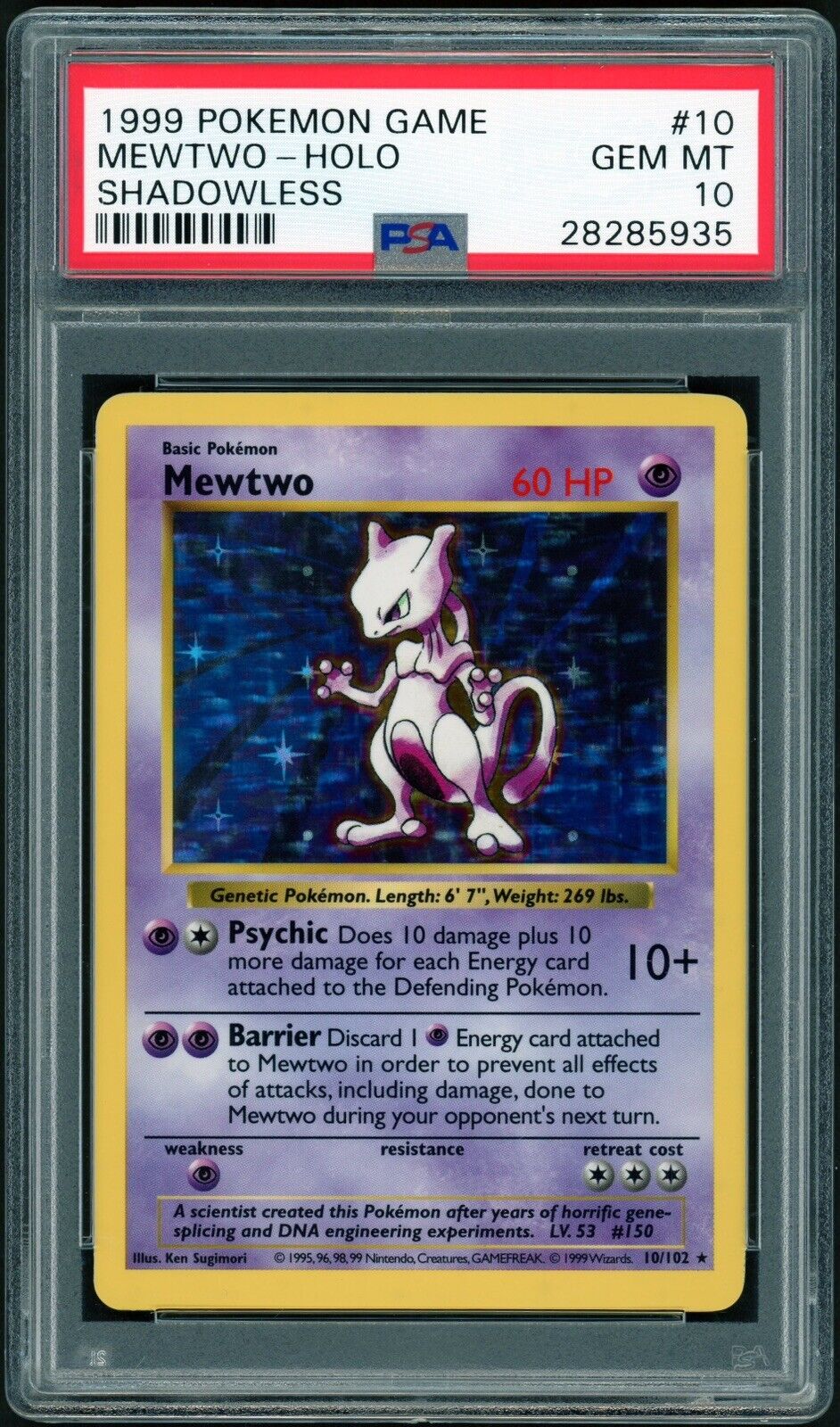 1999 PSA 10 Mewtwo Holo Pokemon Base Set Shadowless GEM MINT