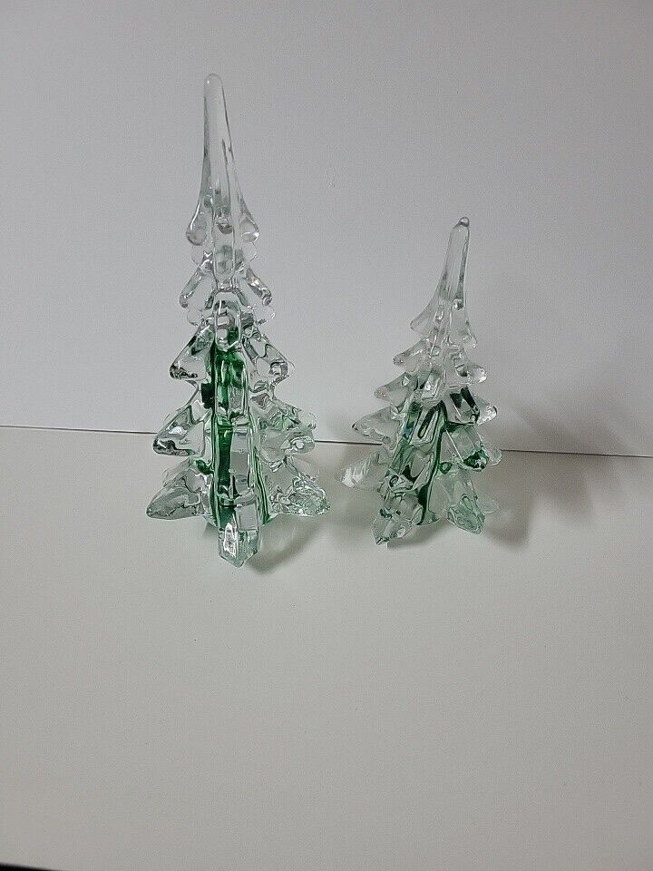 Enesco Art Glass Christmas Trees 8” & 6” Swirl Green Smooth Bottom, Vintage