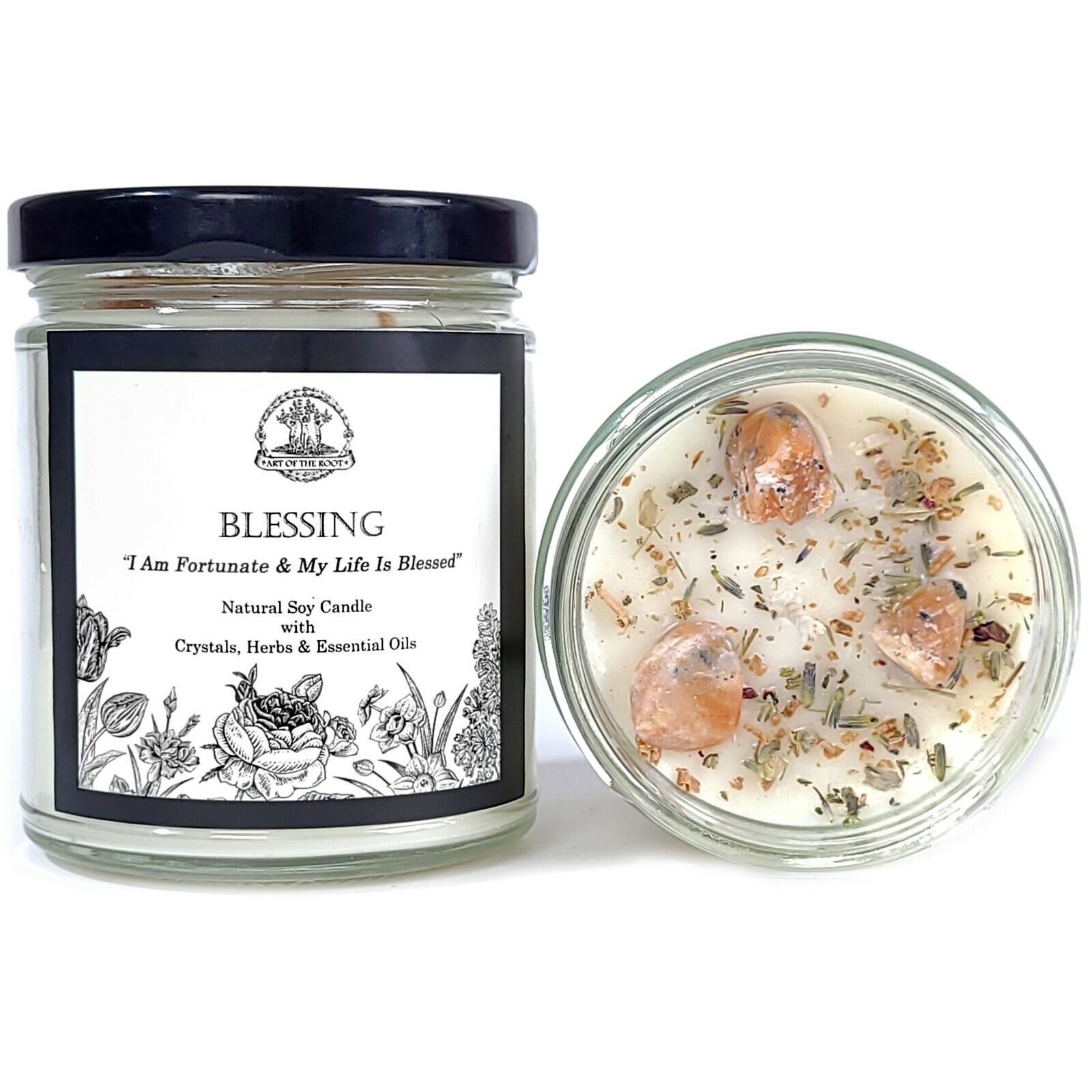 Blessing Affirmation Soy Candle with Crystals Prosperity Abundance Wiccan Pagan 