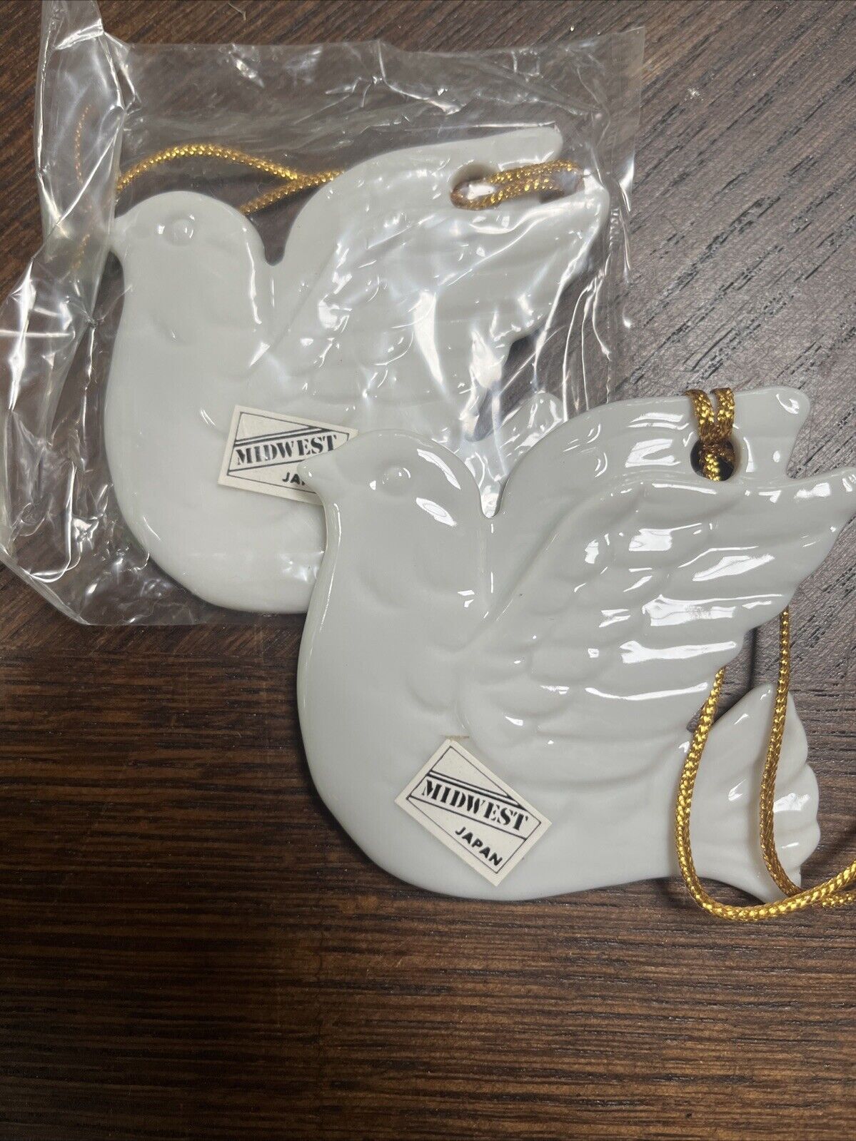 2 New Vintage Dove Bird Christmas Tree Ornaments White Porcelain Midwest Japan
