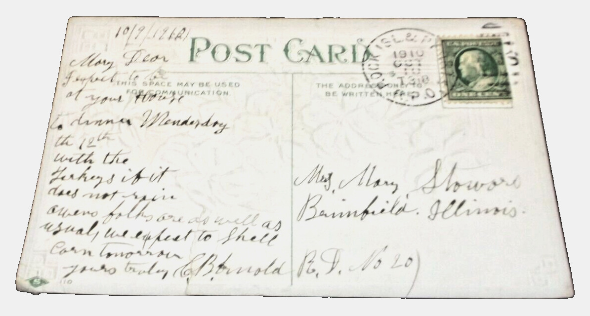 OCTOBER 1910 ROCK ISLAND CRI&P ROCK ISLAND & PEORIA RPO HANDLED POST CARD