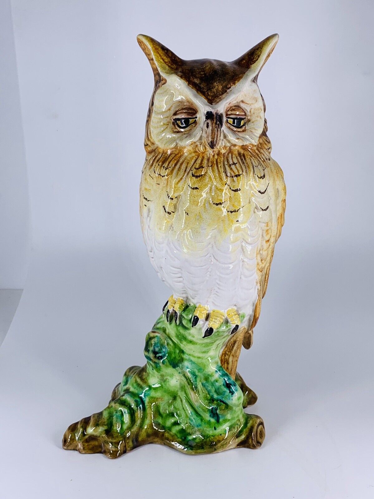 Vintage Italian Glazed Pottery Hand Painted Owl on Limb Sculpture Figurine