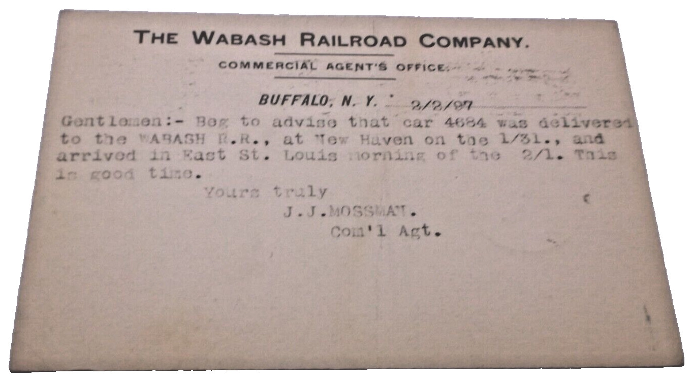 1897 WABASH RAILROAD SHIPMENT NOTIFICATION POST CARD BUFFALO NEW YORK