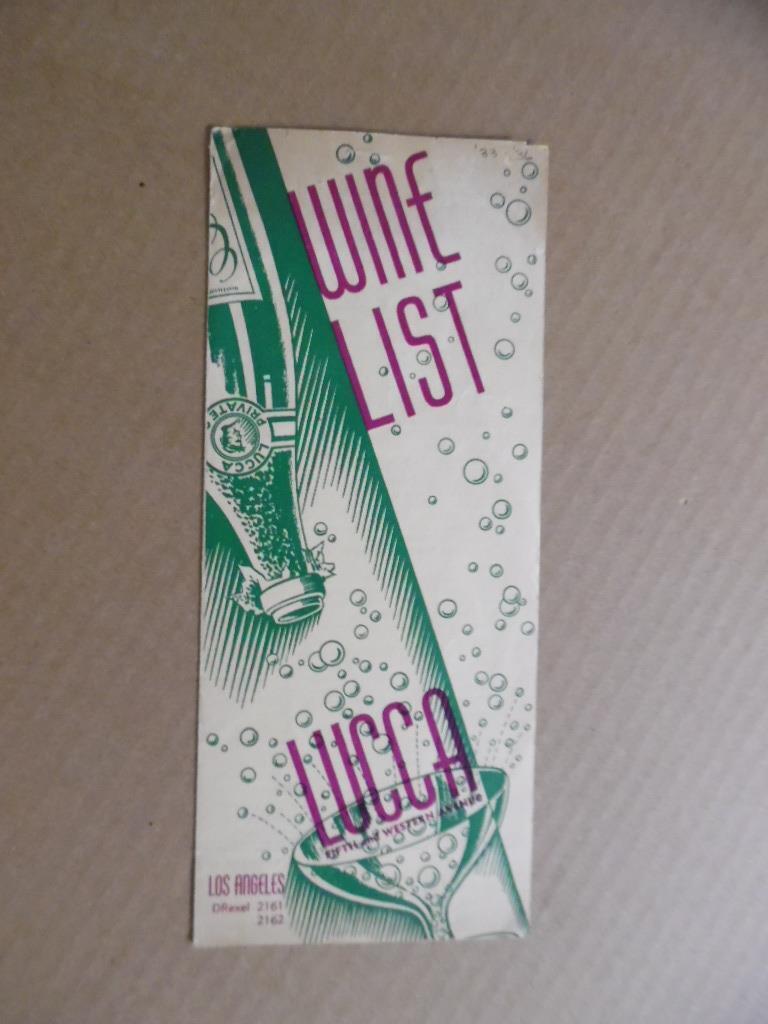 c.1933 Lucca Restaurant Wine List Cocktail Menu Los Angeles Vintage Original