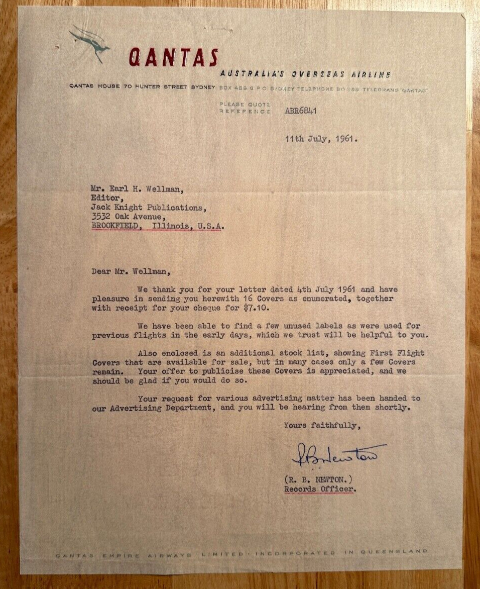 Qantas Airlines - 1961 Sydney, Australia vintage business letter