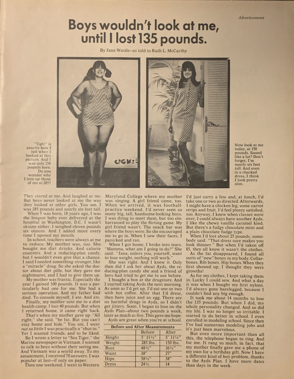 1968 Ayds Diet Plan VTG 1960s 60s PRINT AD Jana Wasile Testimonial Weight Loss