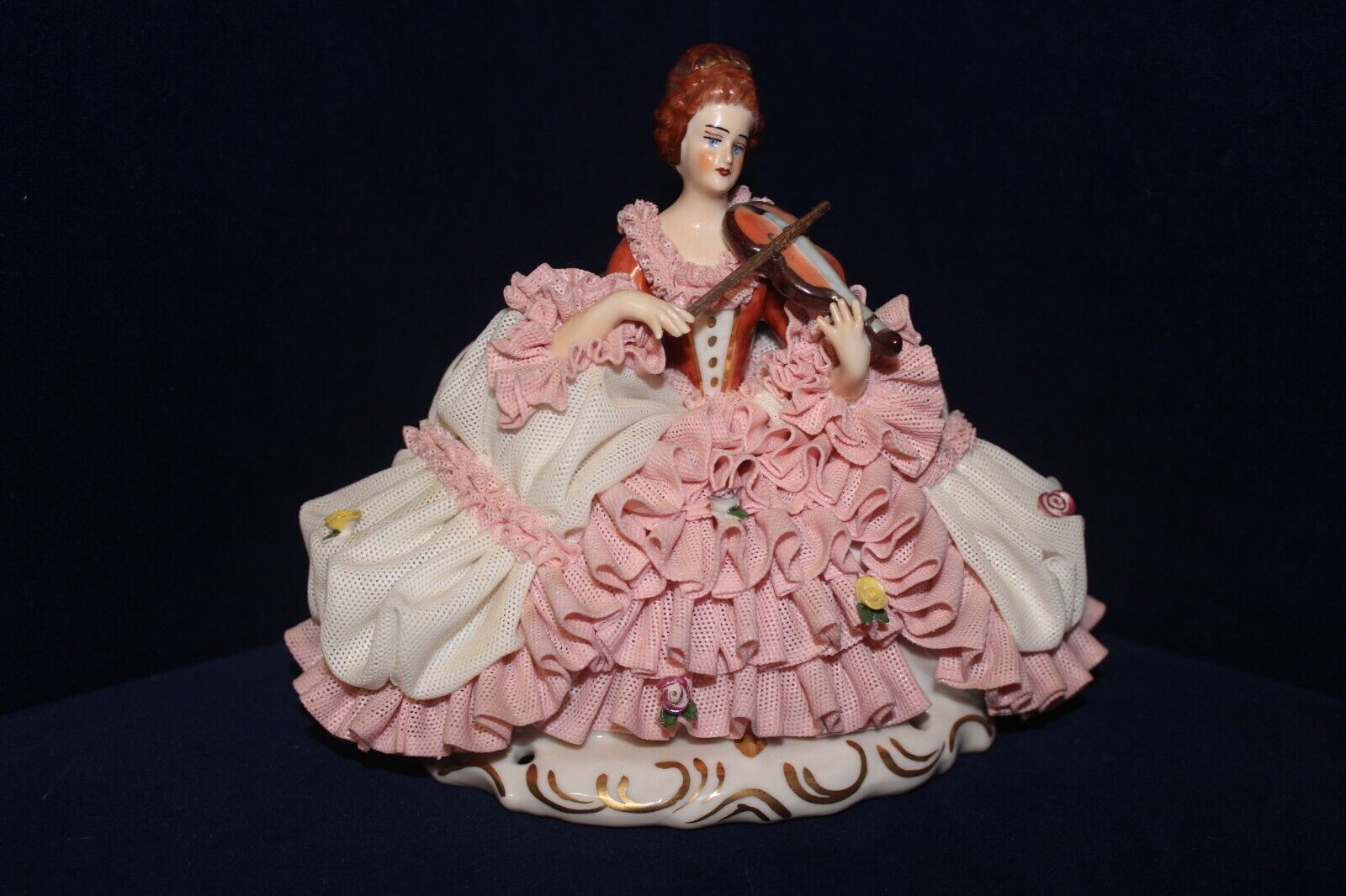Amazing Dresden Porcelain Figurine, Victorian Lady Playing Violin, Lace, Dbl Mrk