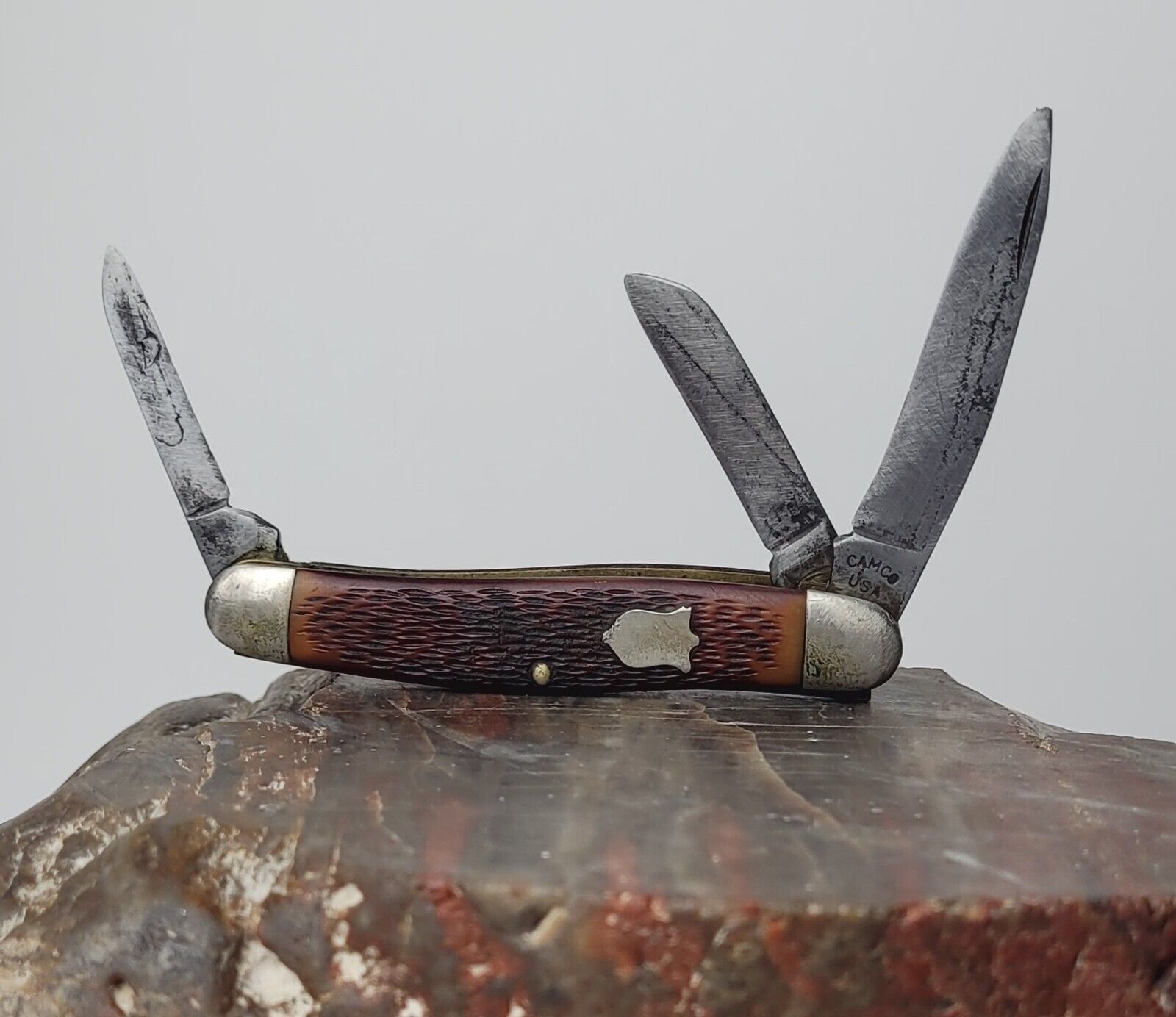 Antique Camco USA 771 Jigged Bone Stockman 3-Blade Folding Pocket Knife 