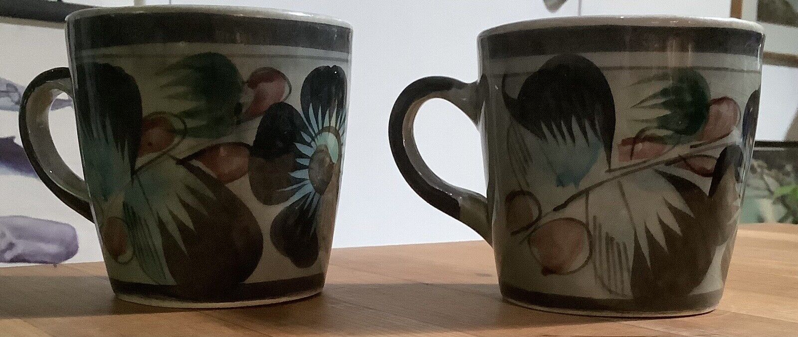 Vintage Set Of 2 Matching Hand Painted Coffee Mugs Made In Mexico