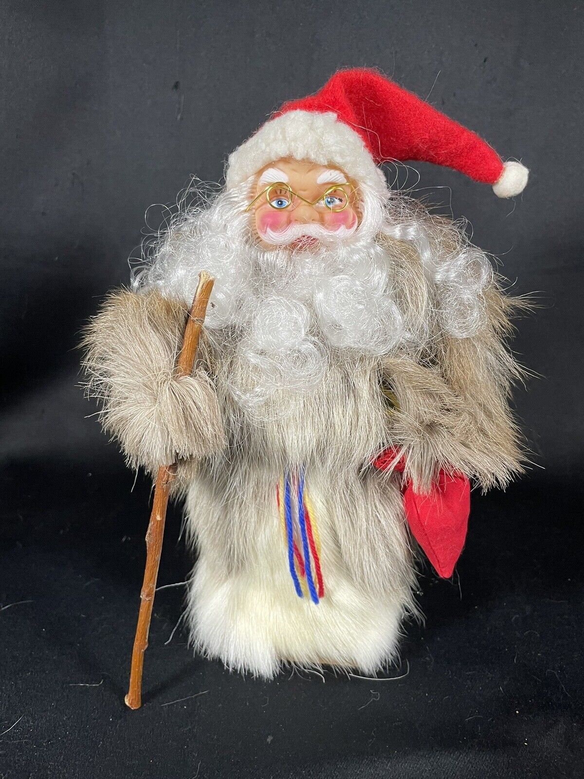Santa Claus Joulupukki Finnish Christmas Figurine Real Fur Walking Stick